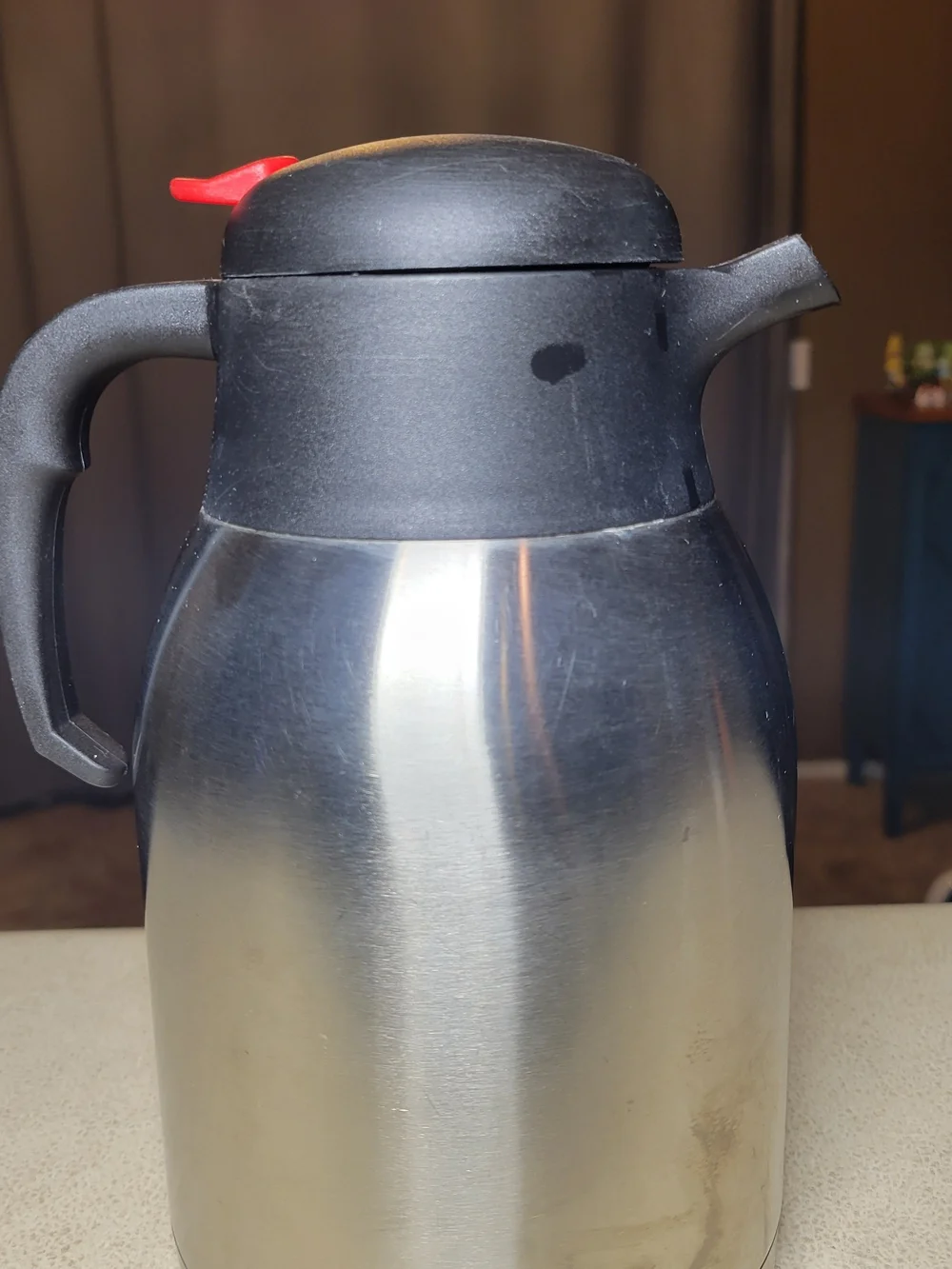Stainless Steel Thermal Carafe with Black Lid and Red Pour Button